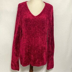 CHAPS Red Chenille V-Neck Sweater Size Large Made in Hong Kong
